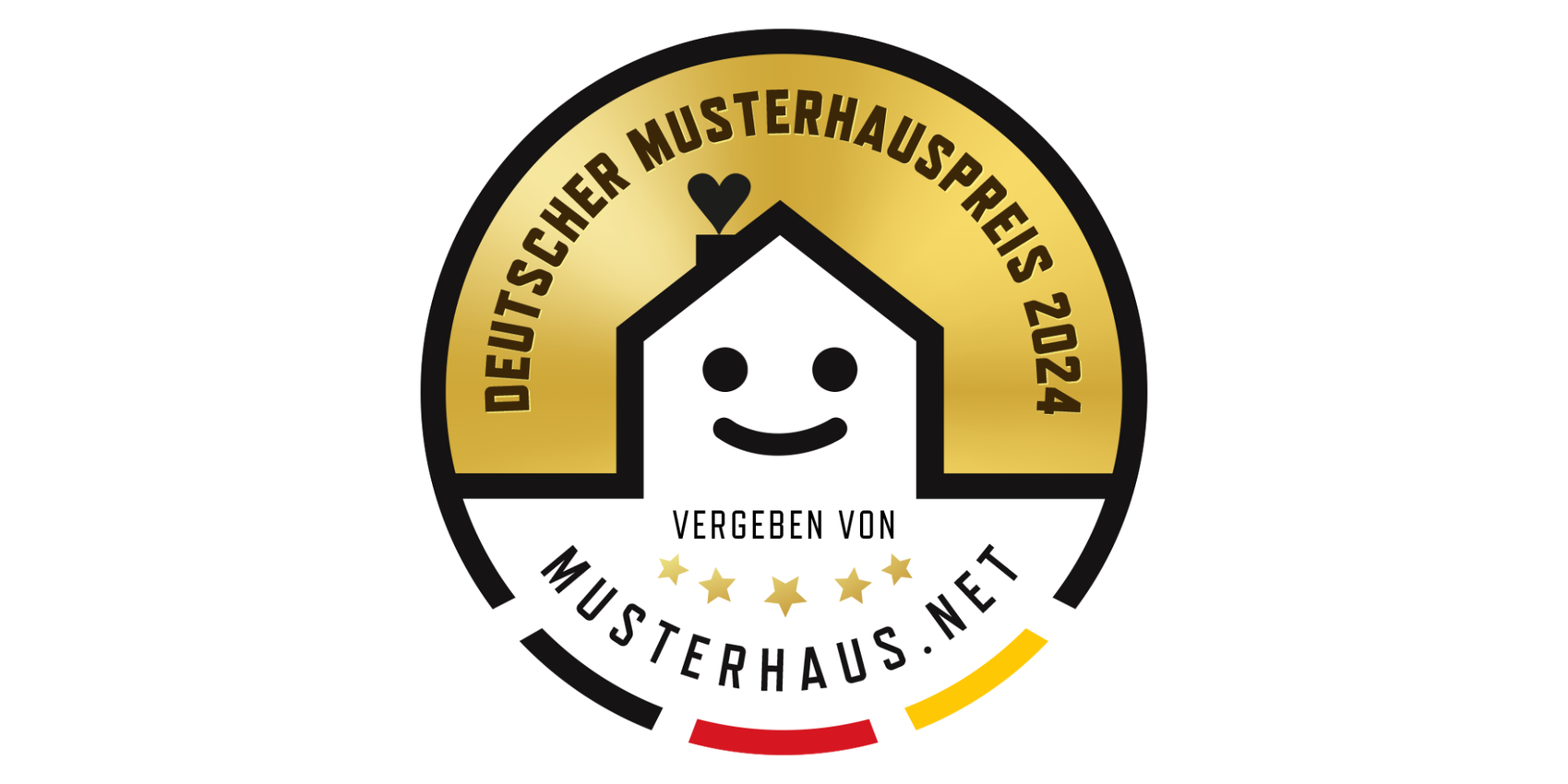 Logo Deutscher Musterhauspreis 2024: Ein Haus mit lächelndem Gesicht.